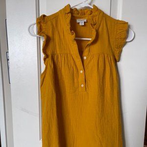 J. Crew Smocked Gauze Ruffle Neck Sleeveless Henley Top Shirt XXS Mustard